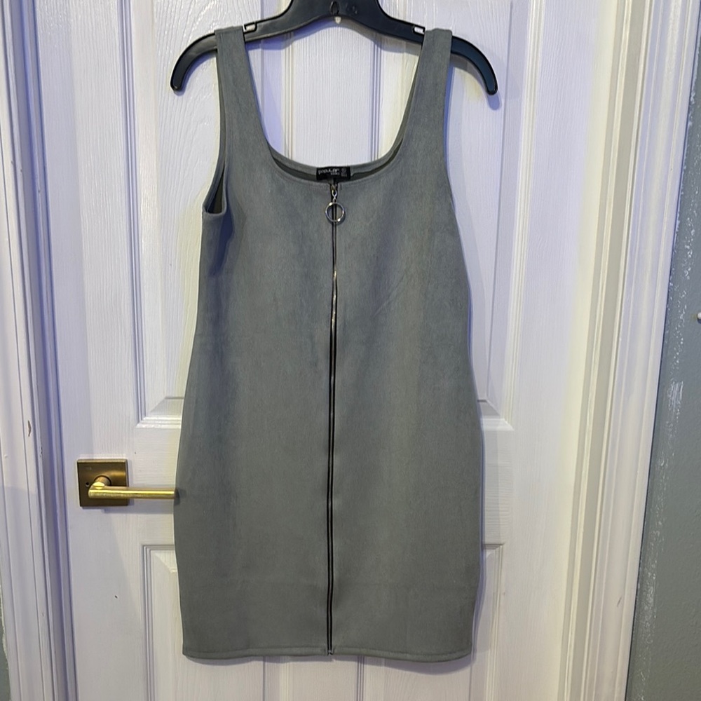 Zara Gray Mini Faux Suede Dress with Front Zipper